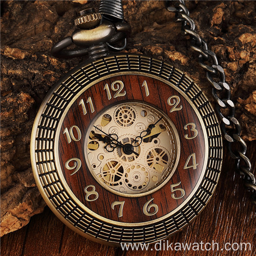 Vintage Wood Circle Carved Number Dial Mechanical Pocket Watch Men Unique Hollow Steampunk Bronze Mechanical Clock Watch chain